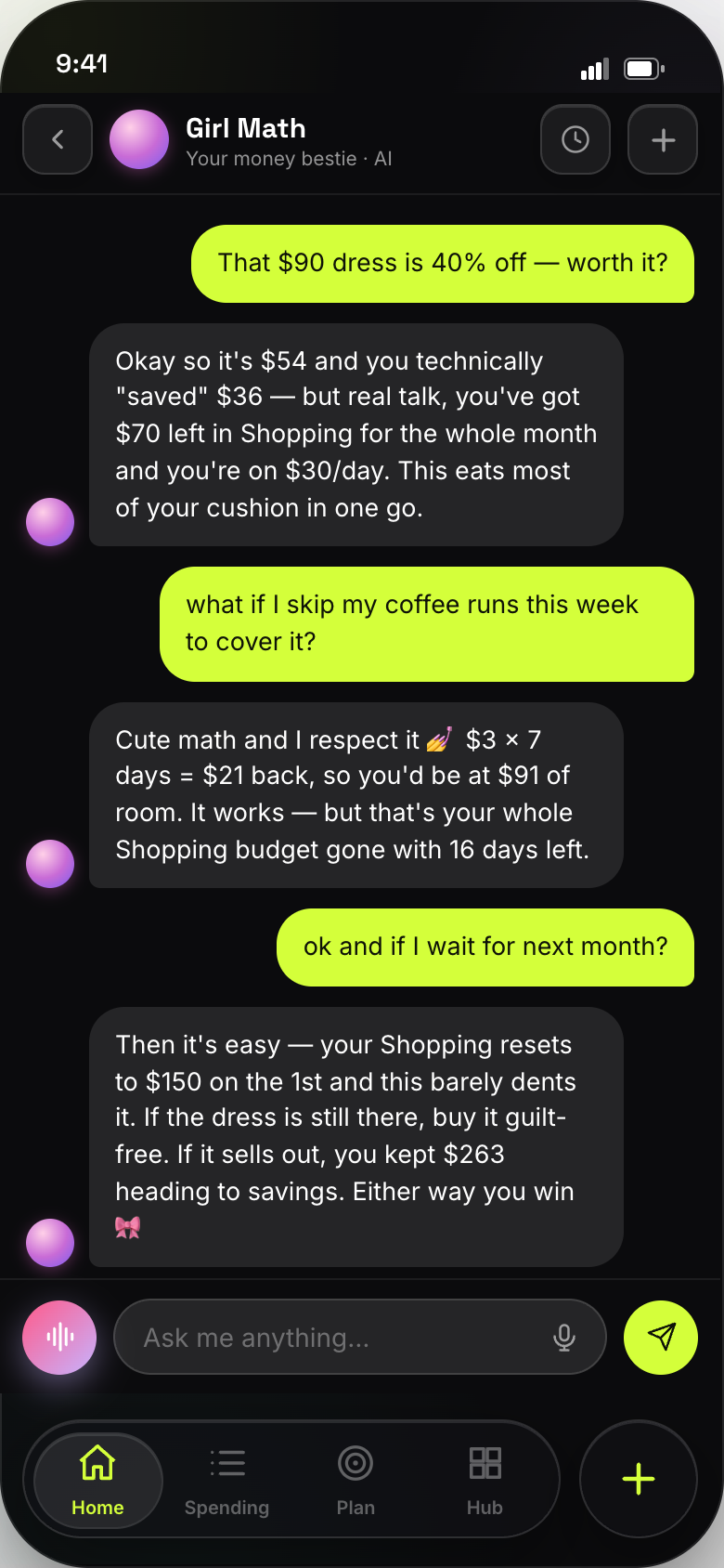 Tallet Girl Math AI chat screen