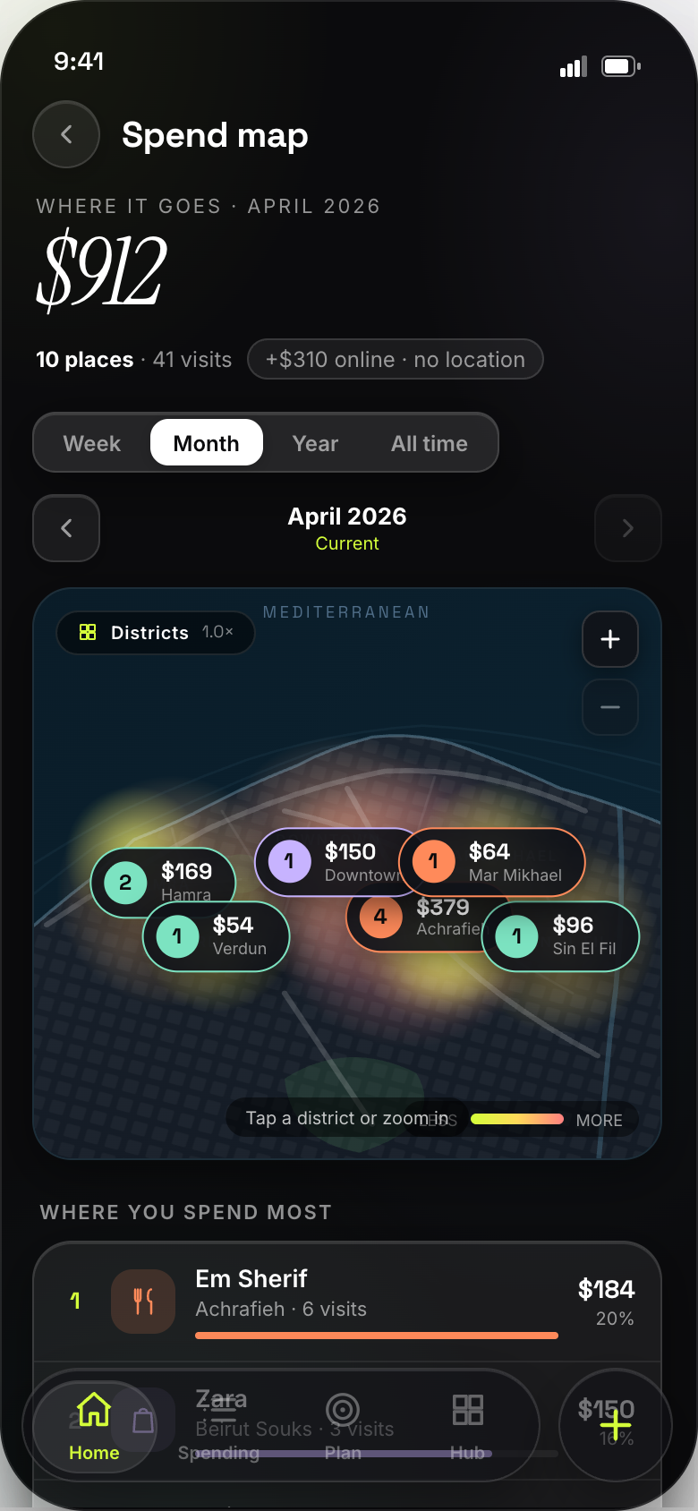 Tallet spend map with district heatmap